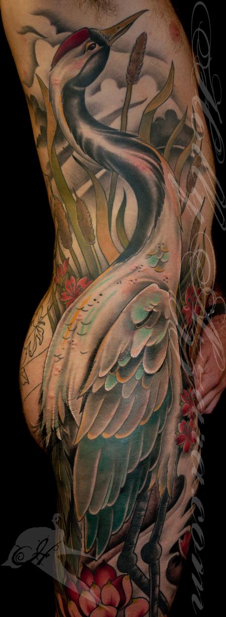 Holly Azzara - Crane and Koi Fish Ribs and Leg Sleeve Detail